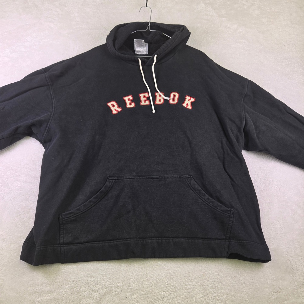 Reebok Hoodie Mens XXL Black Red Arch Logo Spellout Pullover Sweatshirt Fleece